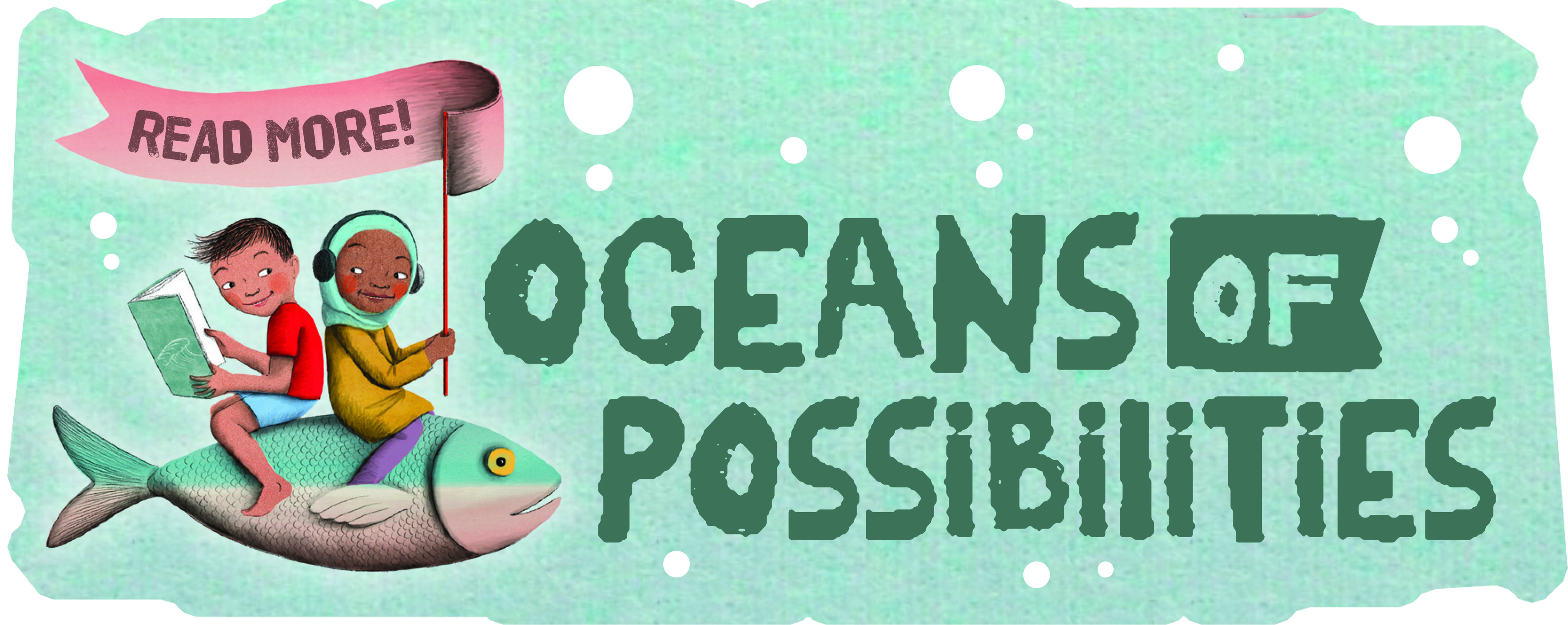 CSLP slogan saying oceans of possibilities, with a boy and girl riding a fish